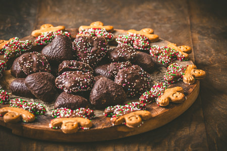 Sweet Christmas cookies, gingerbread, on a dark wooden tableの写真素材