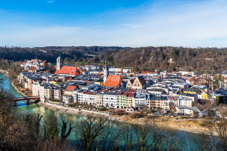 Wasserburg am Inn, romantic Bavarian town on the Inn river in winter, panoramic aerial viewの写真素材