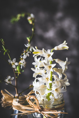 Spring decoration with white rose and tulip in a modern black metal stand, gray background, verticalの写真素材