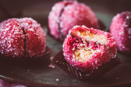 Italian pastries with hazelnut filling, called Pesche alla Nocciola, closeupの写真素材