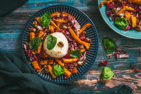 Radicchio salad with roasted sweet potato sticks, walnuts and burrata cheese on rustic blue wooden background, top viewの写真素材