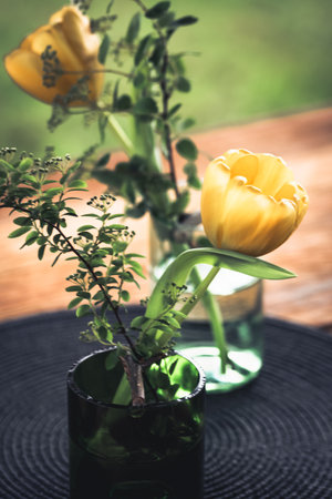 Vases with yellow tulips, decoration made from green wine bottles, craft tipの写真素材