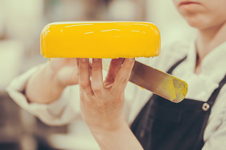 The confectioner smoothes the yellow icing onto a cake with a spatula. Preparation of the cake by a professional pastry chef.の写真素材