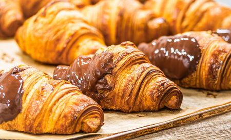 Freshly baked chocolate croissantsの写真素材