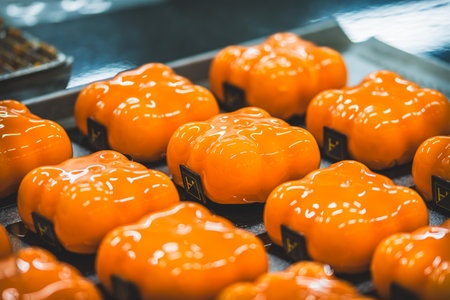 Orange glazed tartlets wait for decoration. Preparation of the tartlets by a professional pastry chef.の写真素材