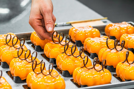 Confectioner's hand decorating orange glazed tartlets with chocolatePreparation of the tartlets by a professional pastry chef.の写真素材