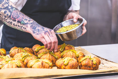 Confectioner's hand with tattoos decorating tartlets with pistachio. Preparation of the tartlets by a professional pastry chef.の写真素材