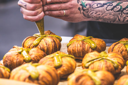 Confectioner's hand with tattoos decorating tartlets with a pistacio cream. Preparation of the tartlets by a professional pastry chef.の写真素材