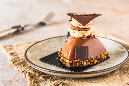 Glazed chocolate tartlet with topping of macaron and chocolate.の写真素材