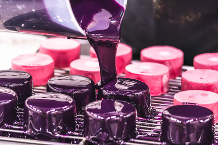 Confectioner covering tartlets with a purple glaze. Preparation of the tartlets by a professional pastry chef.の写真素材