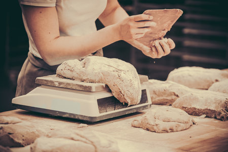 Baker divides and weighs pieces of dough. Vintage style with grain.