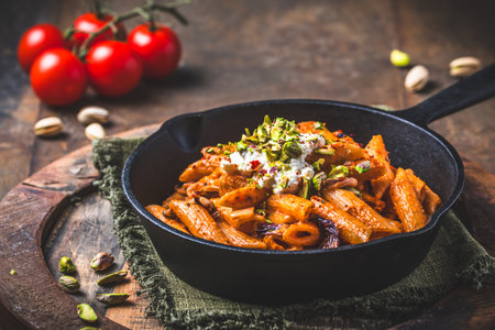 Pasta rigatoni with radicchio, pistachios, ricotta and chili, Italian vegetarian pastaの写真素材