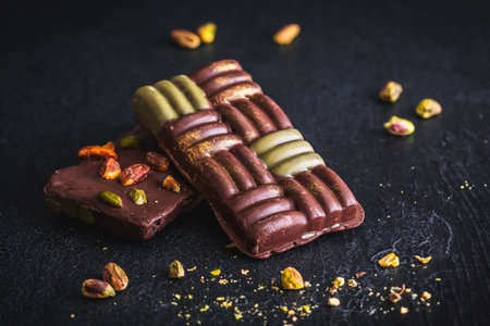 Dubai chocolate with pistachio cream, kadayif and pistachios on dark background
