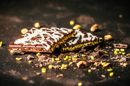 Trendy homemade Dubai chocolate on dark background, chocolate filled with crunchy pistachio creamの写真素材