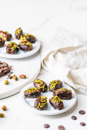 Dates filled with crunchy pistachio cream and covered in chocolate, Dubai chocolate dates, white background. Arranged with ingredients. Vertical with copy space.の写真素材