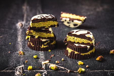 Trendy homemade Dubai chocolate pralines, chocolate filled with crunchy pistachio cream, on dark backgroundの写真素材