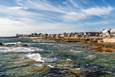 Houses and quay wall in the Breton coastal town of Le Guilvinec, Franceの写真素材