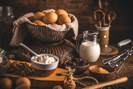 Assorted baking ingredients on wooden vintage table, brown colors. Preparation for home baking.の写真素材