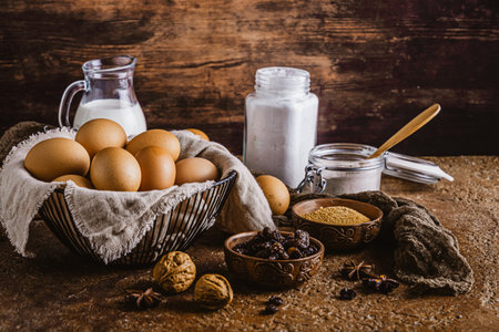 Variety of baking ingredients on rustic bronze table. Preparation for home baking.の写真素材