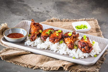 Deep fried chicken wings with sauce on rice on rustic gray concrete background, copy spaceの写真素材