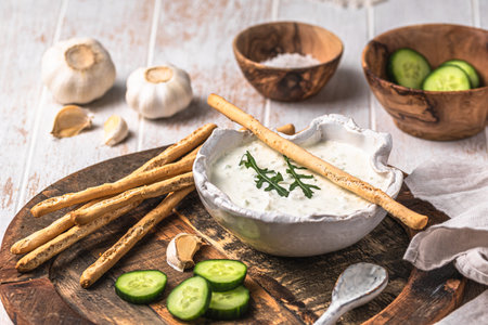 Greek tzatziki in a handmade white stone ware bowl with ingredients and cracker sticks on a wooden backgroundの写真素材