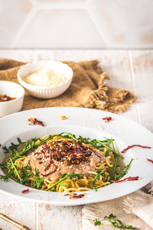 Spaghetti with chestnut sauce and crispy ham topping and arugula leaves on white wooden background, vertical with copy spaceの写真素材