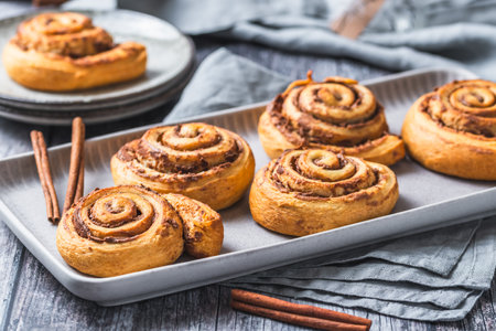 Homemade cinnamon rolls on a gray earthenware tray on gray backgroundの写真素材