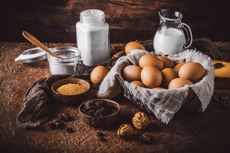 Assorted baking ingredients on wooden vintage table, in brown tone. Preparation for home baking.の写真素材