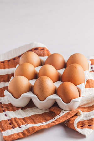Raw brown eggs in a porcelain egg box on white background, vertical with copy space.の写真素材