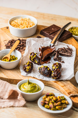 Homemade chocolate Dates and Ingredients: Dates filled with crunchy pistachio cream and covered in chocolate on wooden background, verticalの写真素材