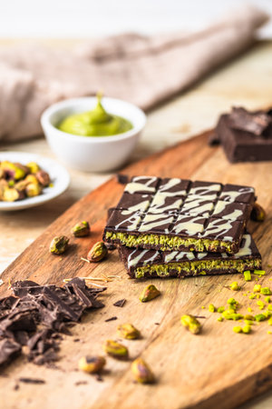 Trendy homemade chocolate on wooden background, chocolate filled with crunchy pistachio cream, verticalの写真素材