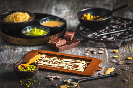 Pistachios, kataifi, tahini: ingredients as preparation for making trendy chocolate, dark backgroundの写真素材