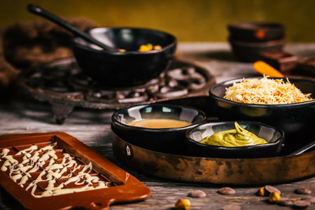Pistachios, kataifi, tahini: ingredients as preparation for making trendy Dubai chocolate, dark backgroundの写真素材
