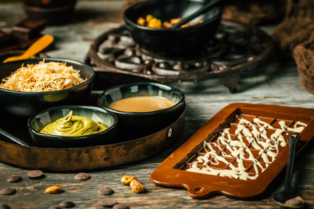 Pistachios, kataifi, tahini: ingredients as preparation for making trendy Dubai chocolate, dark backgroundの写真素材