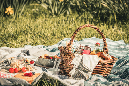Leisure, finger food and drinks concept - picnic basket, bottle of fruit juice, fruits, fruit salad, yogurt, cake, tomatoes, bretzelsの写真素材