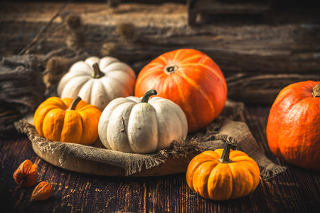 Autumnal decoration with various edible pumpkins on dark wooden background.の写真素材