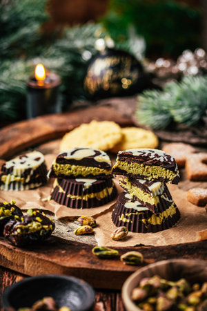 Trendy homemade chocolate pralines, chocolate filled with crunchy pistachio cream, on wooden background, decorated for Christmas, verticalの写真素材