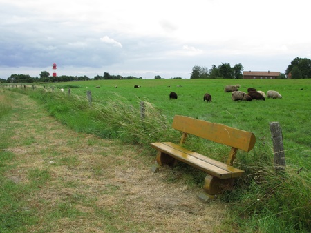 bench in front of lighthouseの写真素材
