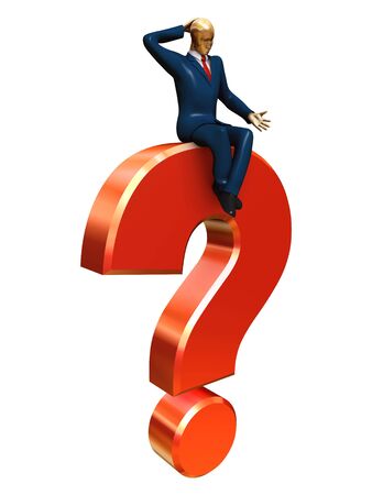 Businessman on a red question isolated on white left viewの写真素材