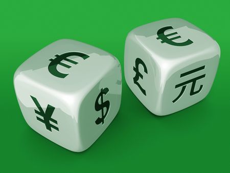 White dices with Euro currency sign on green tableの写真素材