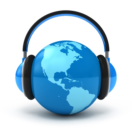 Earth with headphones. World music concept isolated on whiteの写真素材