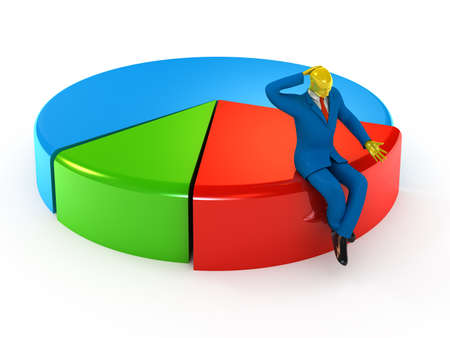 Businessmen sitting on small proportion of the pie chartの写真素材