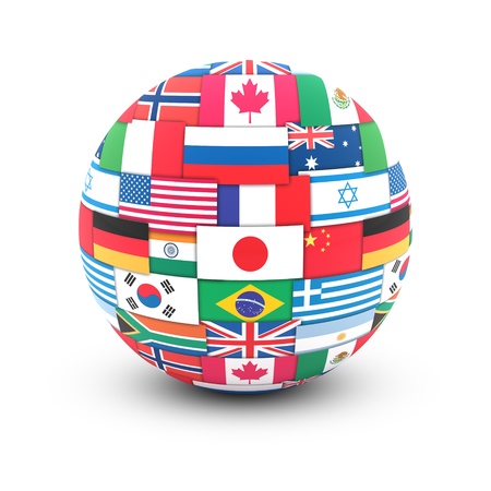 International communication concept. World flags on globeの写真素材