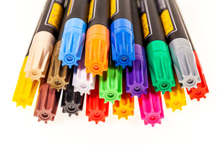 Horizontal group of permanent markers forming a color palette on white background.の写真素材
