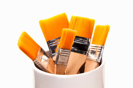 Orange synthetic brushes of different sizes in a vertical position.の写真素材