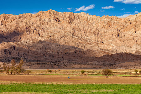 Rural landscape with two people cultivating the land with a rock wall in the background.の写真素材