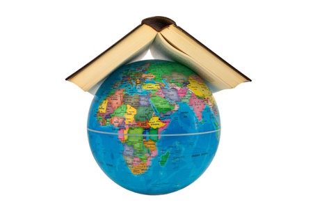 Earth globe with a book as a roof where you can see Africa and Europe as a protection concept. The book symbolizes the culture and knowledge that gives security, refuge and help to the world.の写真素材