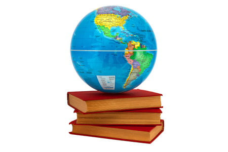 Earth globe on a stack of books where America is seen as a concept of knowledge. Books symbolize wisdom and knowledge that support the world.の写真素材