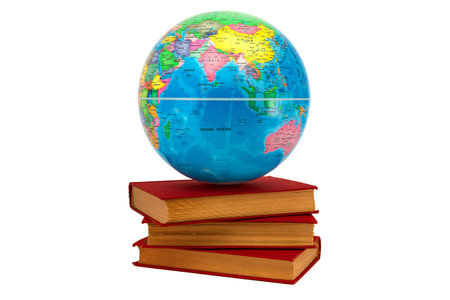 Earth globe on a stack of books showing Asia and Australia as a concept of knowledge. Books symbolize wisdom and knowledge that support the world.の写真素材