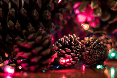 Christmas pineapples. Under the Christmas tree some of the beautiful objects that decorate in these dates are the pinias, often painted in gold or silver colors. Simple details that change the concept of Christmas are simple.の写真素材